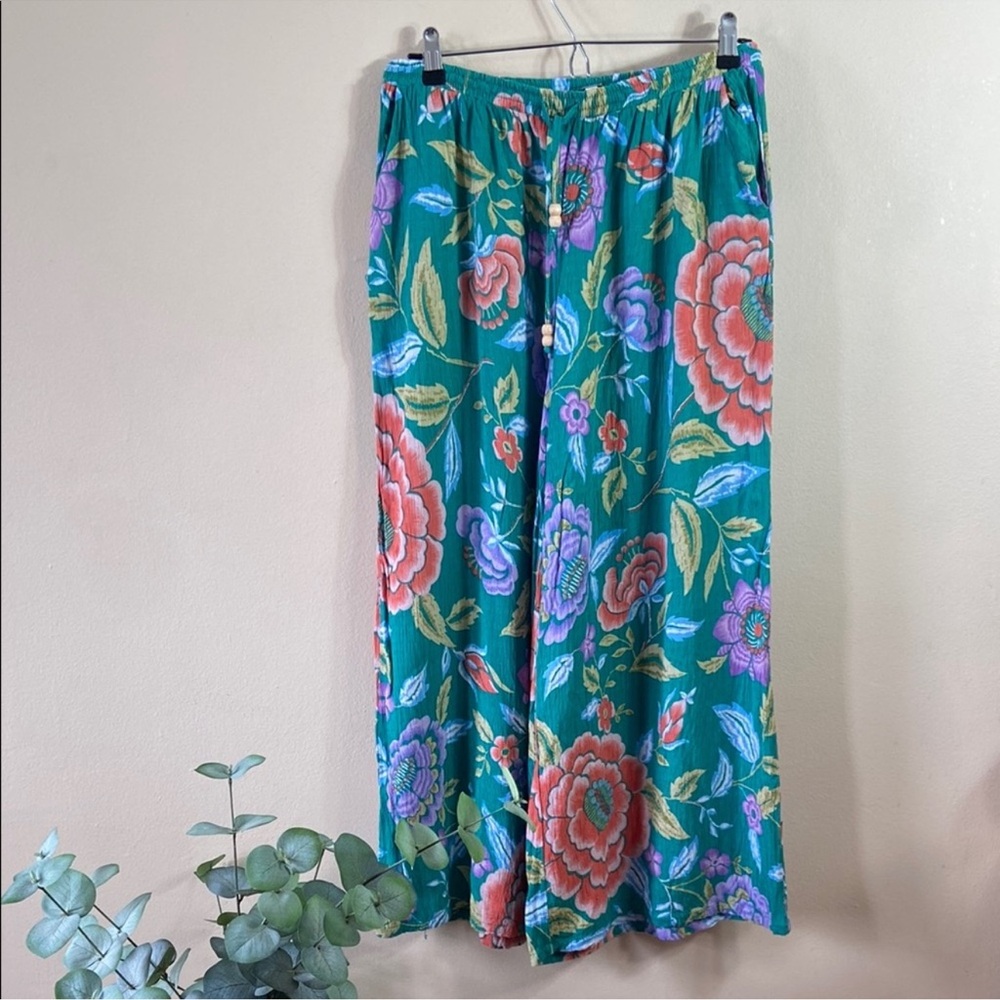Rachel Zoe New York Aqua Green Floral Wide Leg Pants Large Summer Spring Casual